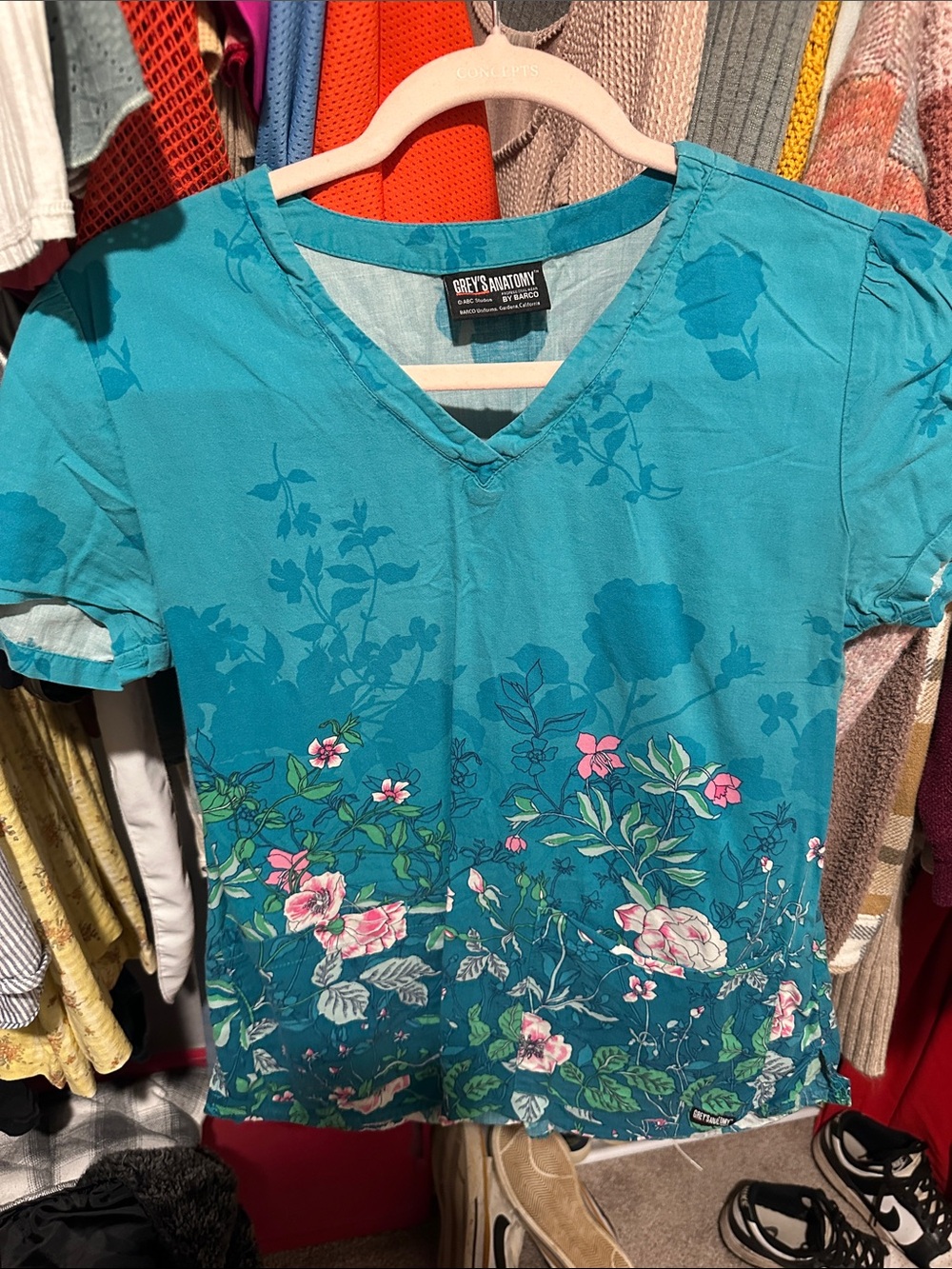 Brixon Ivy Teal Floral V-Neck Short Sleeve Top with Pink & Green Accents